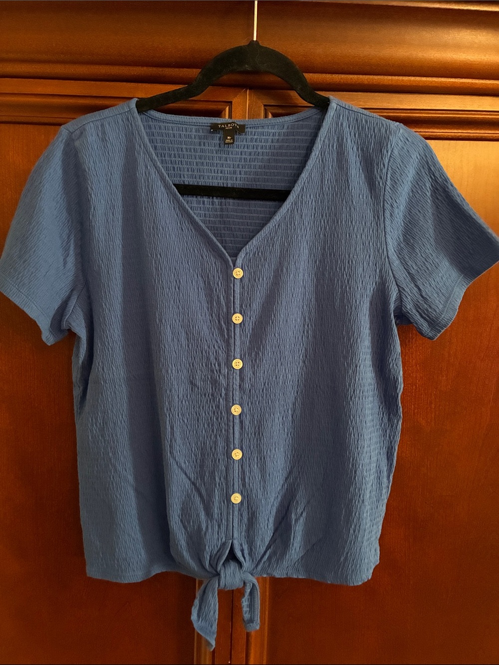 Talbots Blue Short-Sleeve Button Front Tie-Hem Top